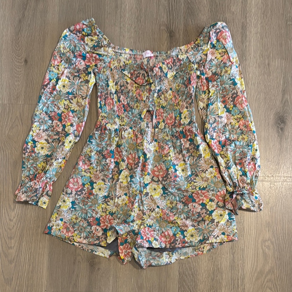 Pink Lily Pink and Blue Puff Sleeve Smocked Romper